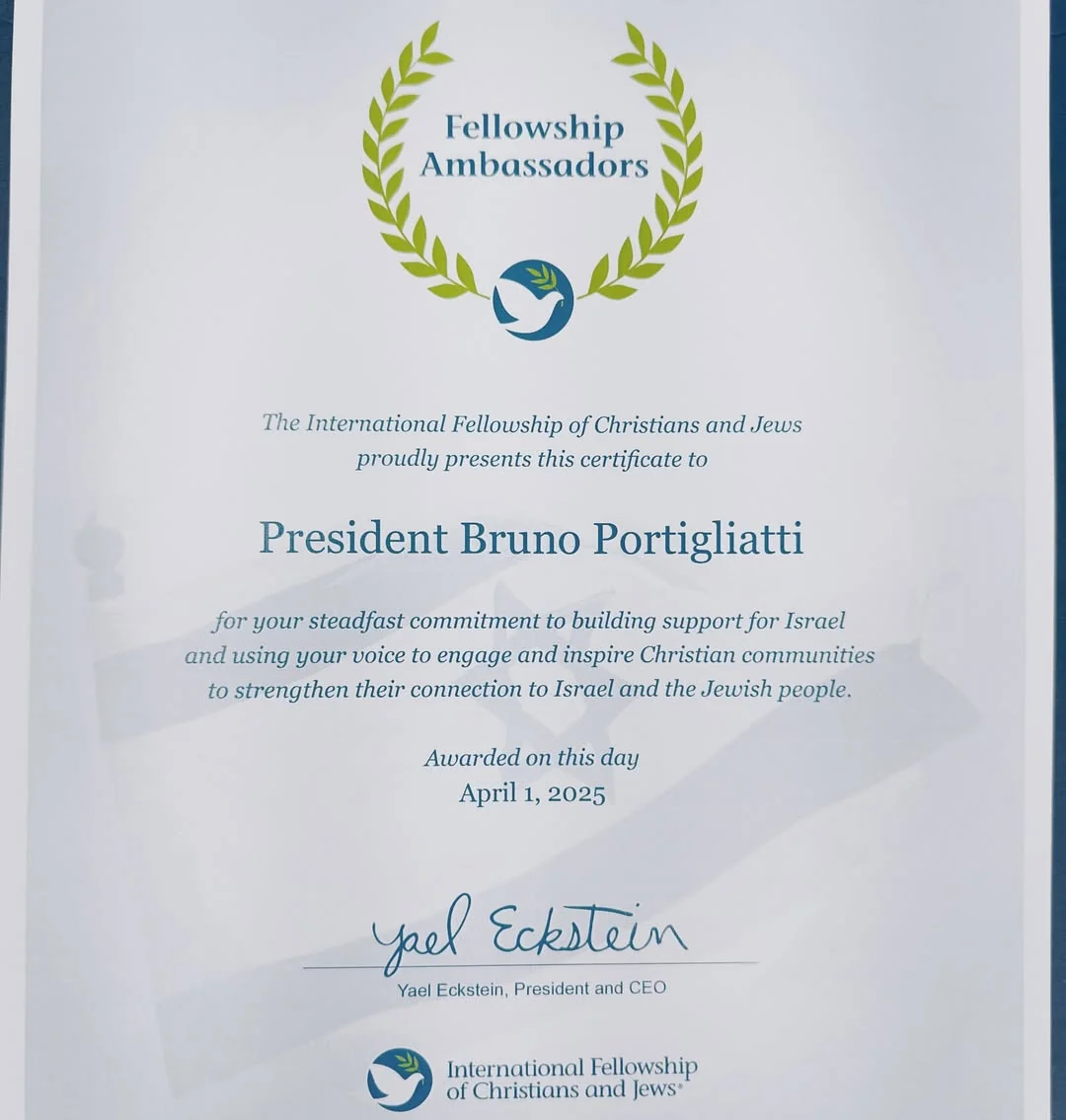 Bruno Portigliatti with leaders at the IFCJ Fellowship Ambassadors ceremony